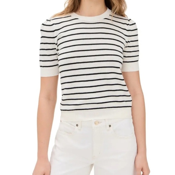 FRAME Gathered Striped Short Sleeve Organic Cotton/Linen Blend Sweater NWT - Picture 2 of 14